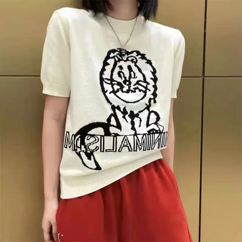 Little Lion short sleeve sweater for women early spring 2022 new chic top niche short half sleeve bottom shirt