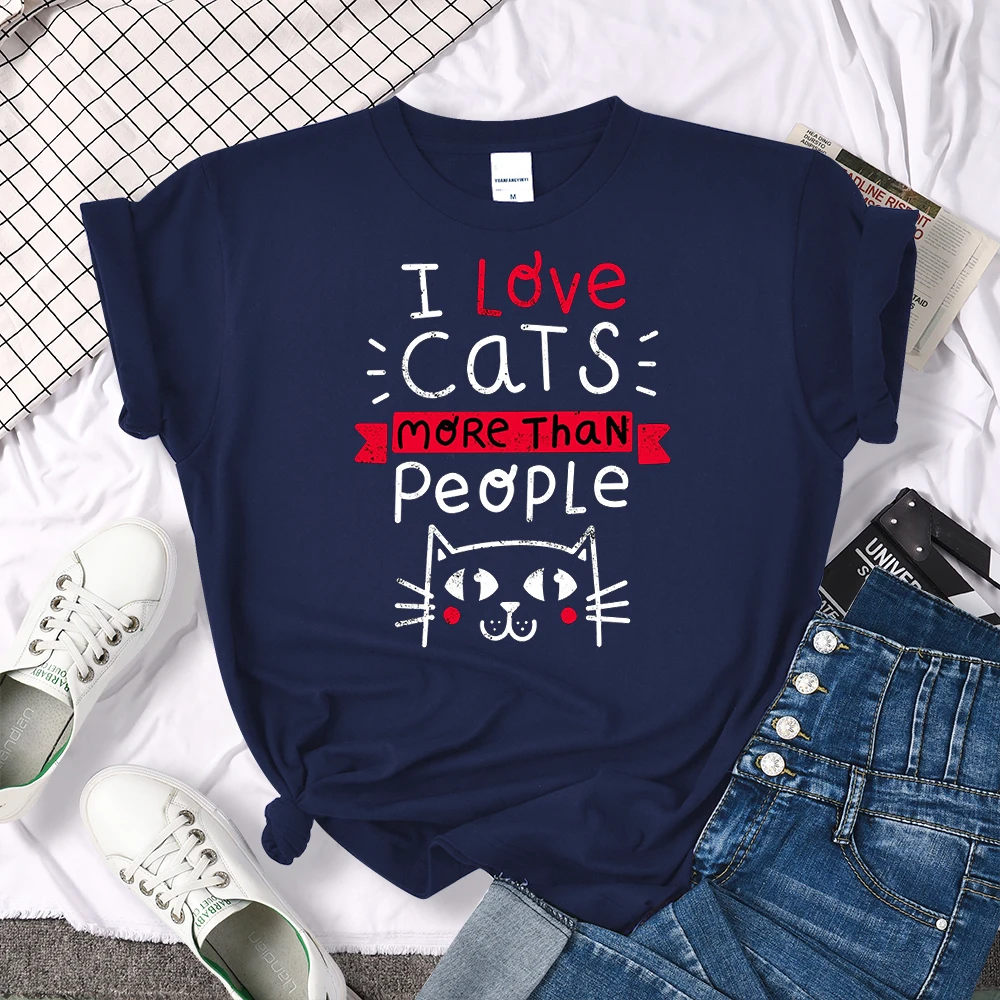 Women Tshirt I Love Cats More Than People Printing Tshirt Vintage Korean Style Woman T-Shirts Gothic Crewneck Women's Shirts