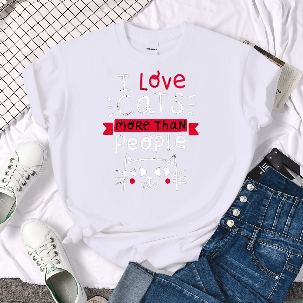 Women Tshirt I Love Cats More Than People Printing Tshirt Vintage Korean Style Woman T-Shirts Gothic Crewneck Women's Shirts