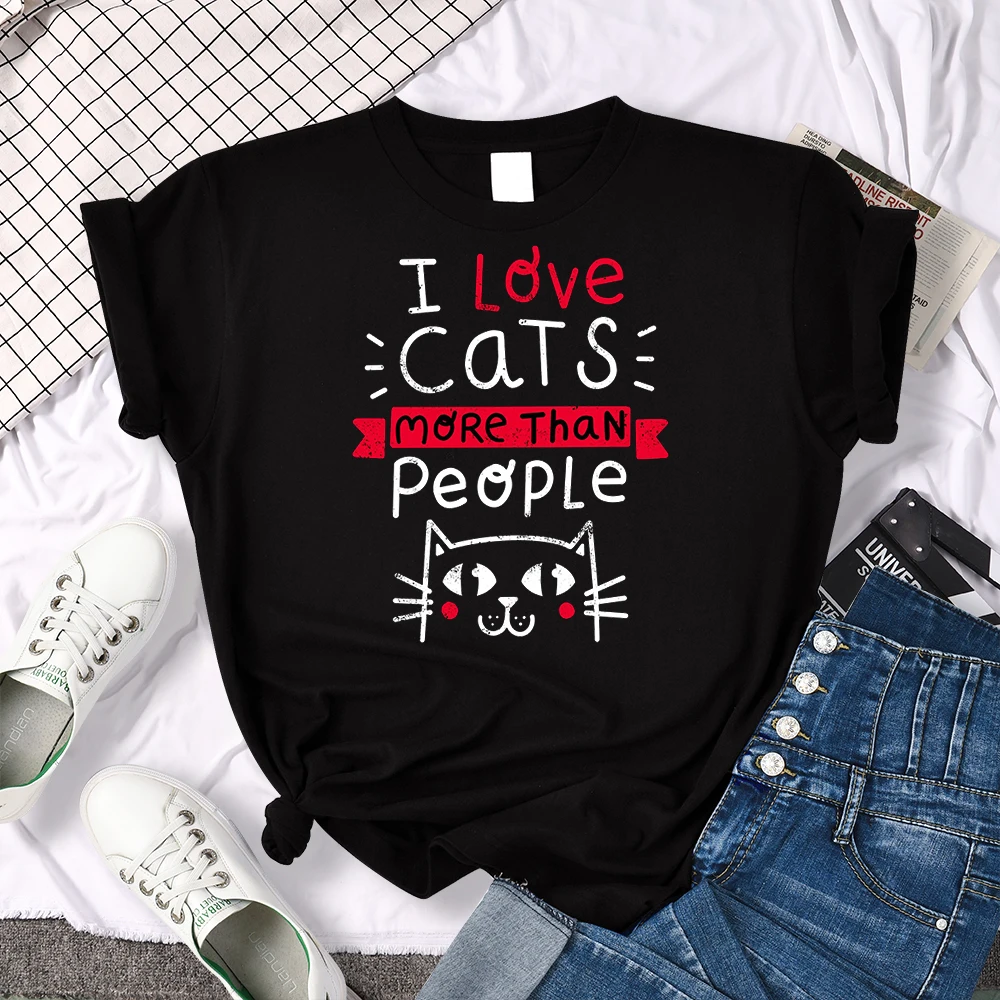 Women Tshirt I Love Cats More Than People Printing Tshirt Vintage Korean Style Woman T-Shirts Gothic Crewneck Women's Shirts