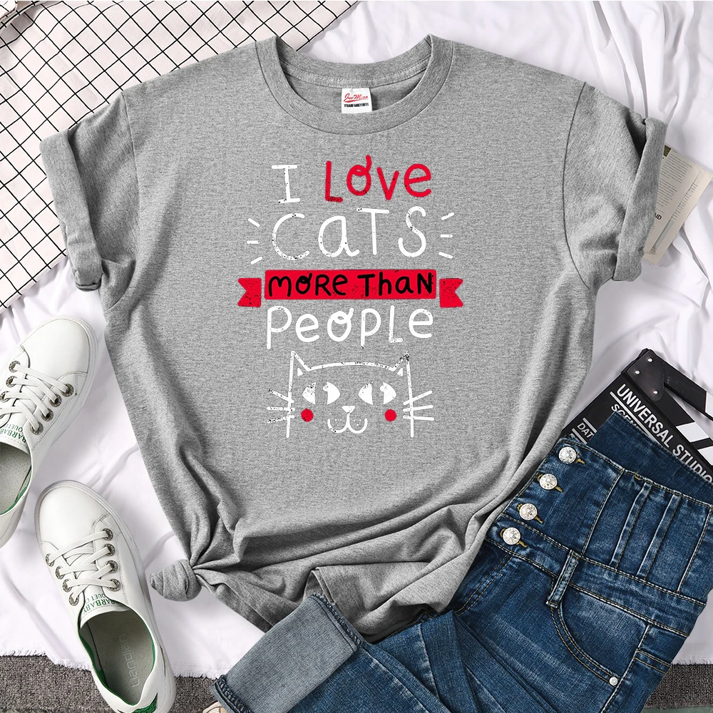 Women Tshirt I Love Cats More Than People Printing Tshirt Vintage Korean Style Woman T-Shirts Gothic Crewneck Women's Shirts
