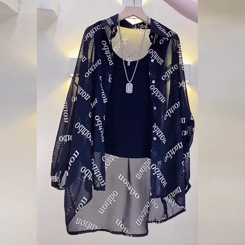 Women's Chiffon T-shirt Letter Plaid Tee Shirts Female Summer Loose Top Long Sleeve T-shirts See Through Thin Tops Coat