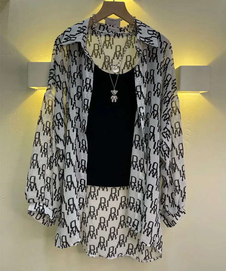 Women's Chiffon T-shirt Letter Plaid Tee Shirts Female Summer Loose Top Long Sleeve T-shirts See Through Thin Tops Coat