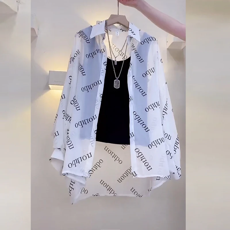Women's Chiffon T-shirt Letter Plaid Tee Shirts Female Summer Loose Top Long Sleeve T-shirts See Through Thin Tops Coat