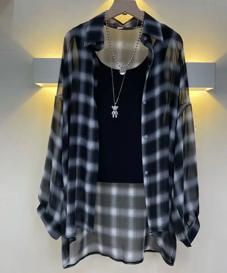 Women's Chiffon T-shirt Letter Plaid Tee Shirts Female Summer Loose Top Long Sleeve T-shirts See Through Thin Tops Coat
