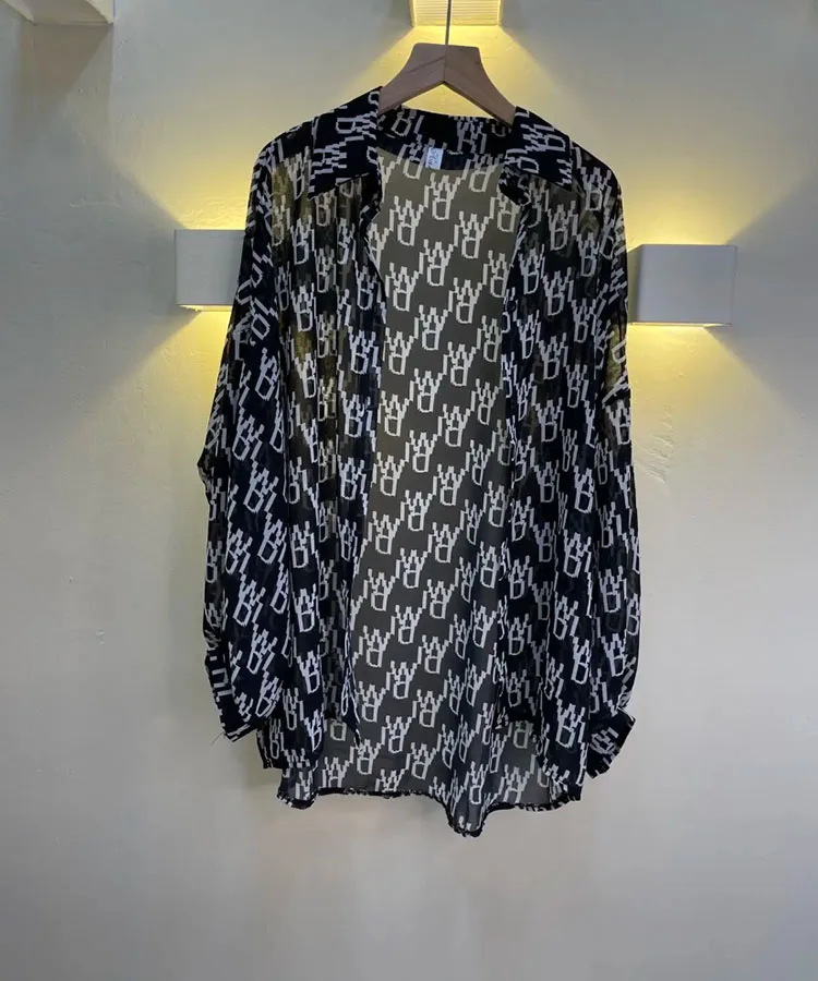 Women's Chiffon T-shirt Letter Plaid Tee Shirts Female Summer Loose Top Long Sleeve T-shirts See Through Thin Tops Coat