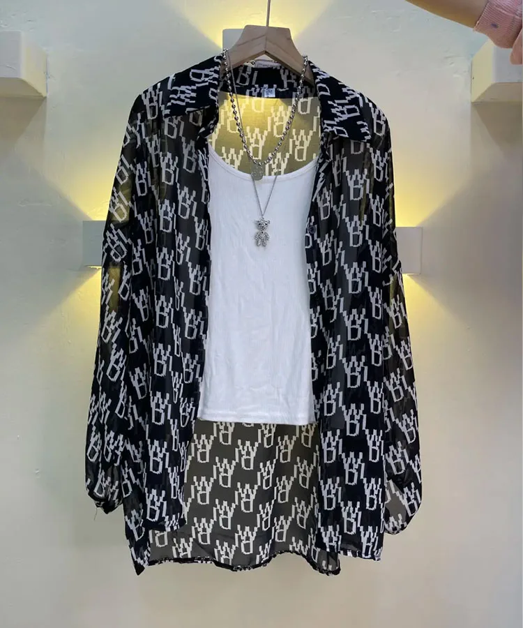 Women's Chiffon T-shirt Letter Plaid Tee Shirts Female Summer Loose Top Long Sleeve T-shirts See Through Thin Tops Coat