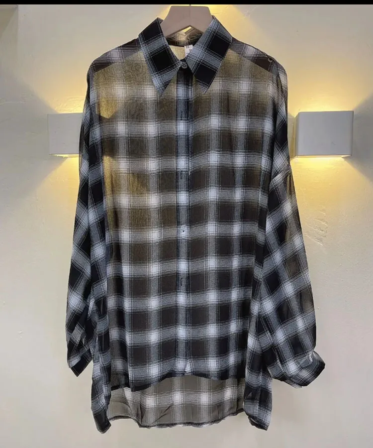 Women's Chiffon T-shirt Letter Plaid Tee Shirts Female Summer Loose Top Long Sleeve T-shirts See Through Thin Tops Coat