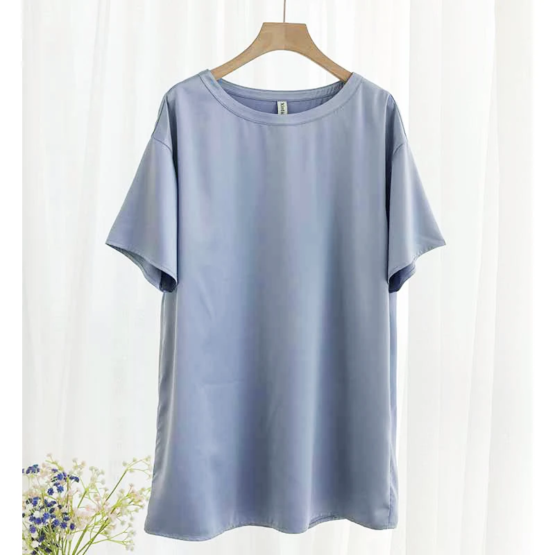 Oversize Satin Women Long T-Shirts Fashion Casual Loose Short Sleeve Streetwear Tops Women's Clothing M30665