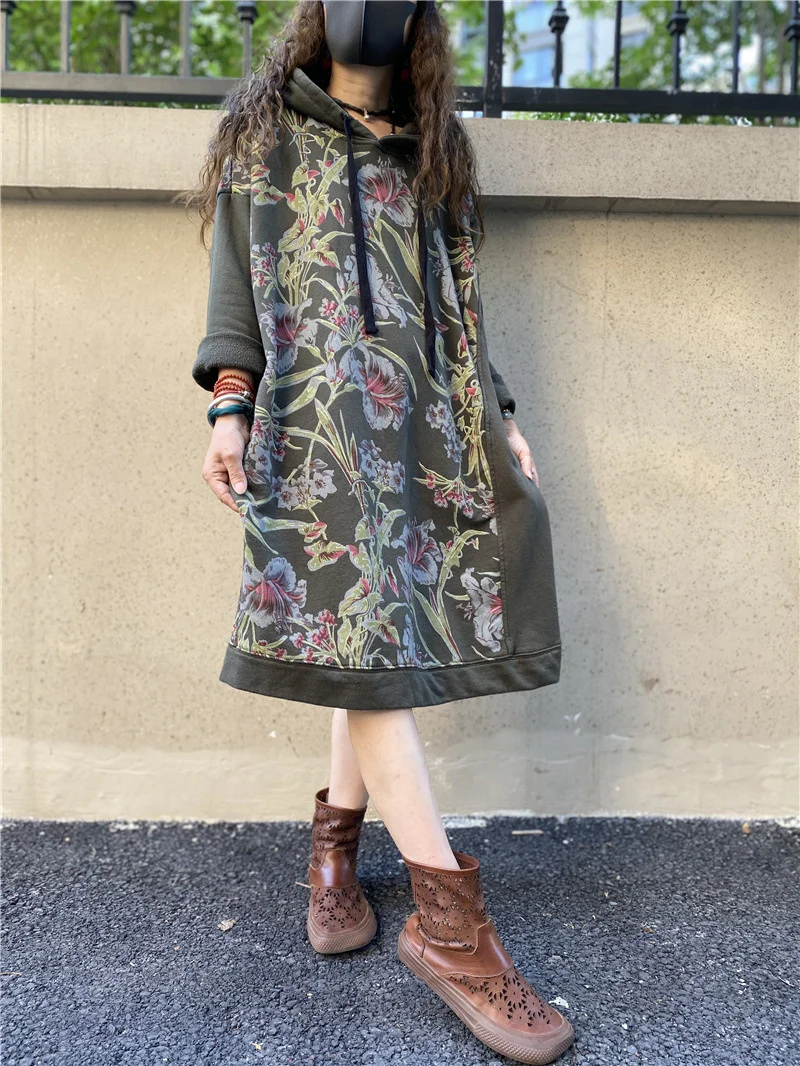 Amax luluE Autumn 2024 Vintage Printed Hooded Dress Women Casual Loose Vestidos Female Harajuku Floral Punk Fitness Long Clothes