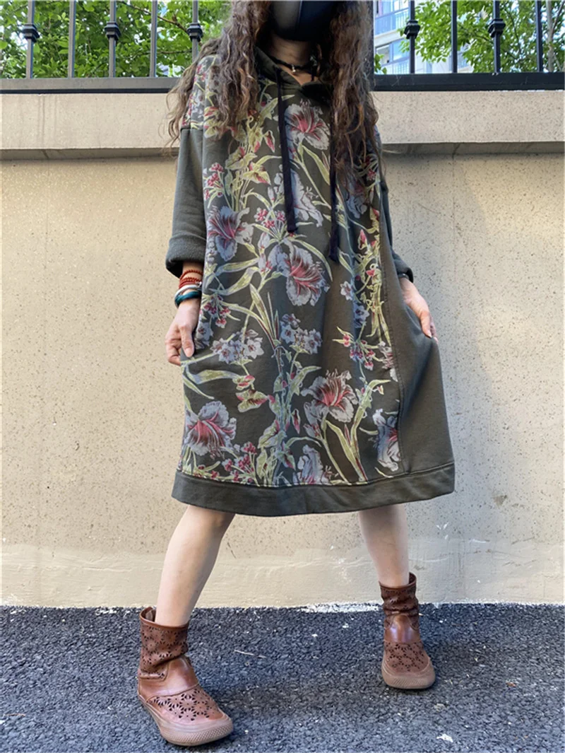 Amax luluE Autumn 2024 Vintage Printed Hooded Dress Women Casual Loose Vestidos Female Harajuku Floral Punk Fitness Long Clothes