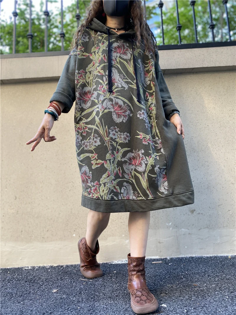 Amax luluE Autumn 2024 Vintage Printed Hooded Dress Women Casual Loose Vestidos Female Harajuku Floral Punk Fitness Long Clothes