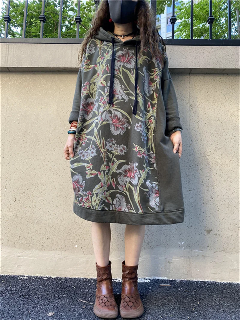 Amax luluE Autumn 2024 Vintage Printed Hooded Dress Women Casual Loose Vestidos Female Harajuku Floral Punk Fitness Long Clothes