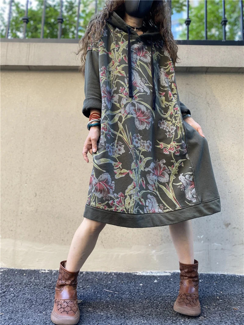 Amax luluE Autumn 2024 Vintage Printed Hooded Dress Women Casual Loose Vestidos Female Harajuku Floral Punk Fitness Long Clothes