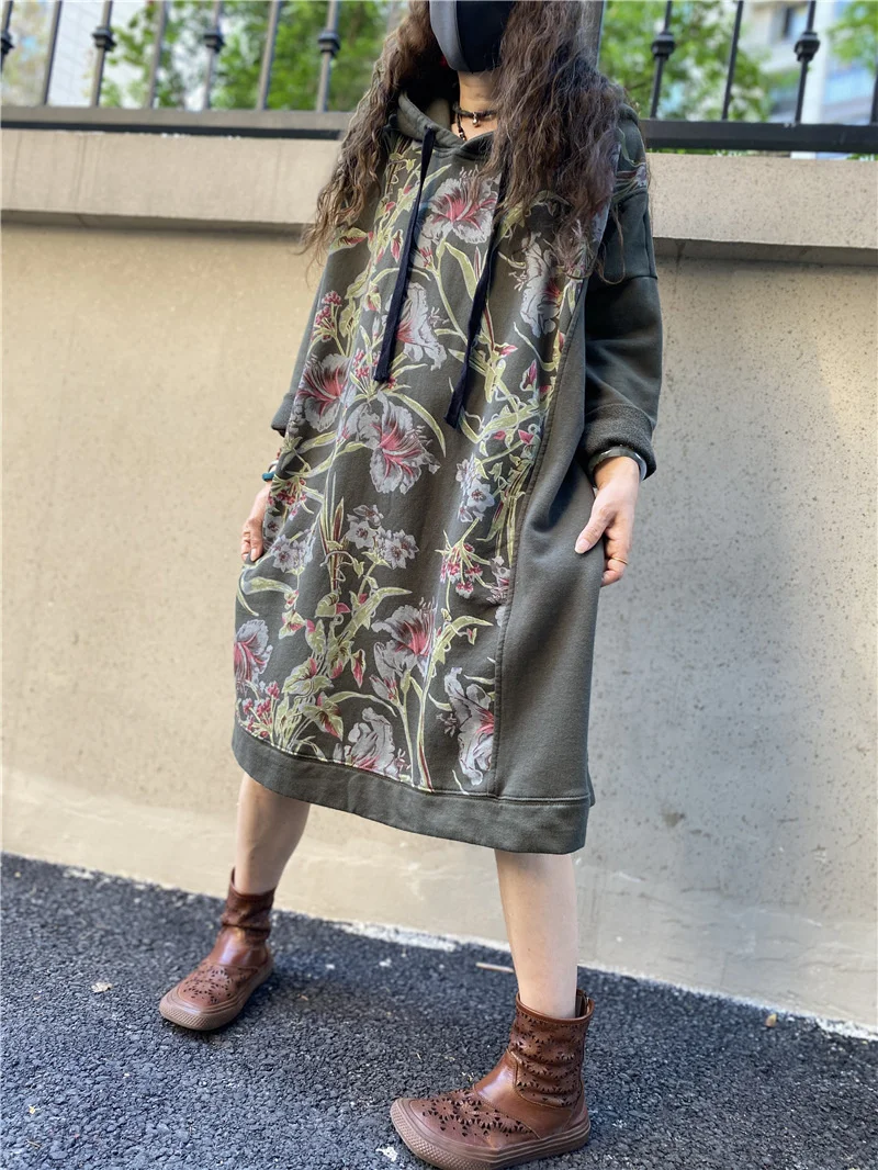 Amax luluE Autumn 2024 Vintage Printed Hooded Dress Women Casual Loose Vestidos Female Harajuku Floral Punk Fitness Long Clothes