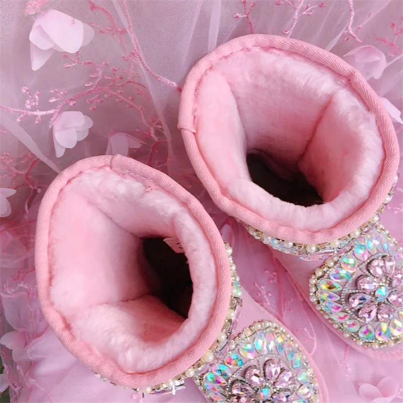 Sweet Pink Gemstone Pearl Beads Snow Boots Ladies Bling Diamond Flat Warm Plush Slip On Winter Booties