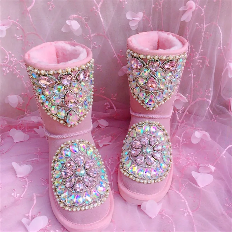 Sweet Pink Gemstone Pearl Beads Snow Boots Ladies Bling Diamond Flat Warm Plush Slip On Winter Booties