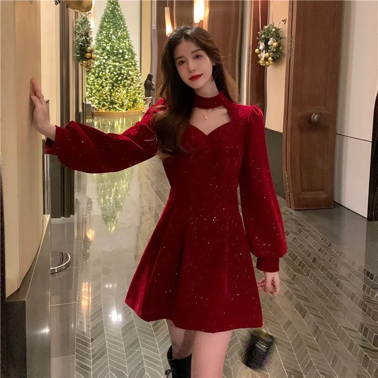 Red Velvet Elegant Party Women's Mini Dresses Christmas Wram French Vintage Dress Ladies Casual Korean Vestidos 2023 New Year