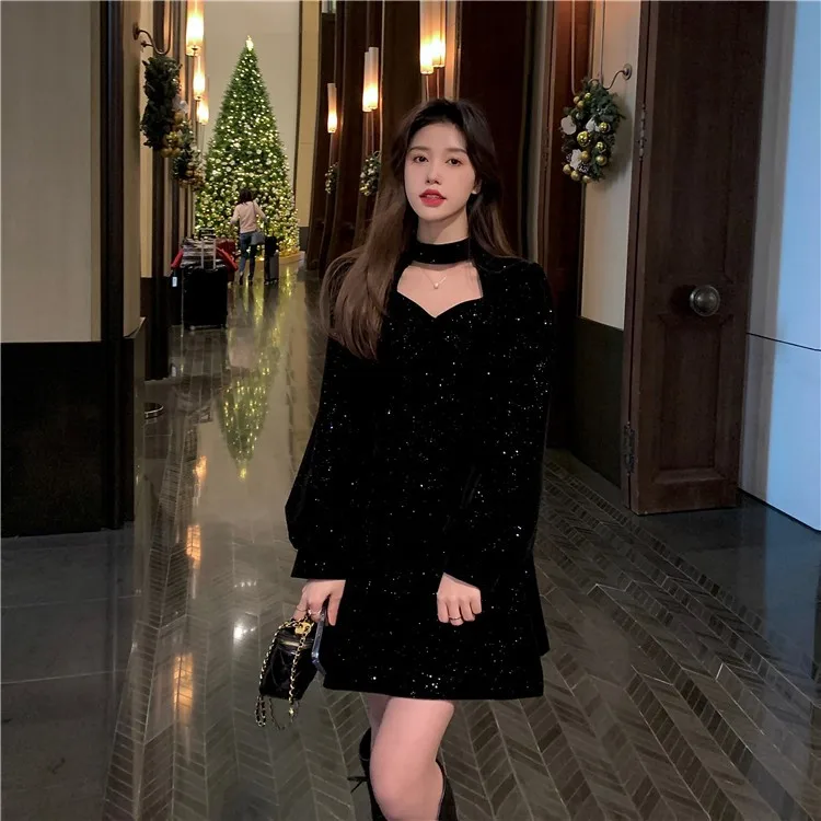 Red Velvet Elegant Party Women's Mini Dresses Christmas Wram French Vintage Dress Ladies Casual Korean Vestidos 2023 New Year