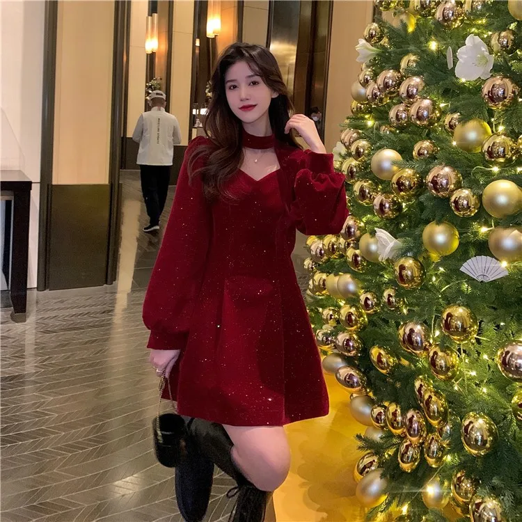 Red Velvet Elegant Party Women's Mini Dresses Christmas Wram French Vintage Dress Ladies Casual Korean Vestidos 2023 New Year