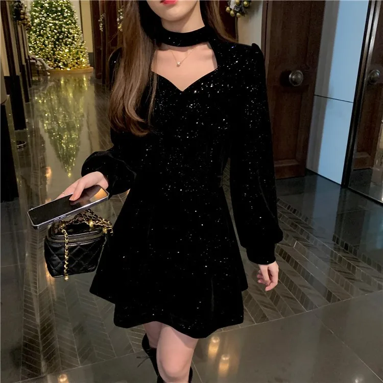 Red Velvet Elegant Party Women's Mini Dresses Christmas Wram French Vintage Dress Ladies Casual Korean Vestidos 2023 New Year