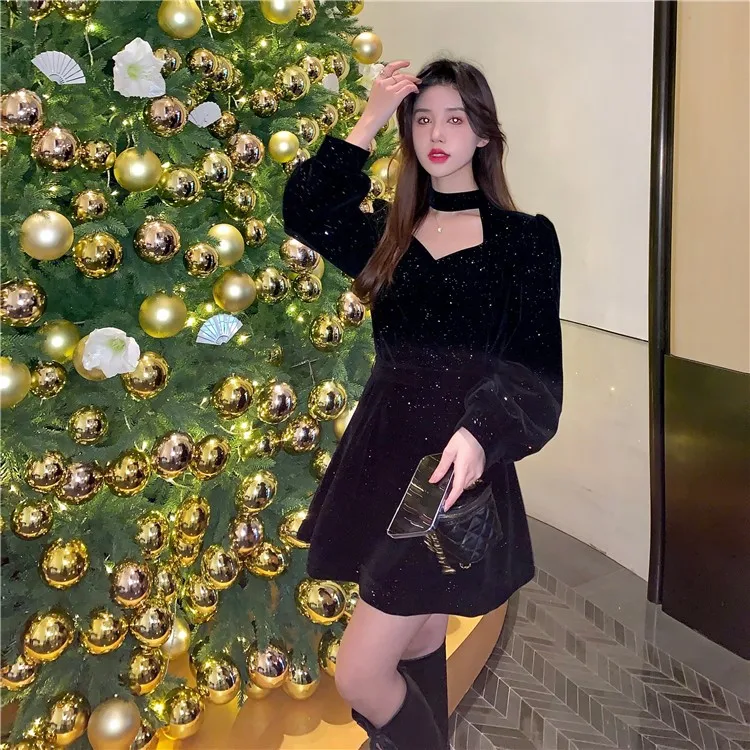 Red Velvet Elegant Party Women's Mini Dresses Christmas Wram French Vintage Dress Ladies Casual Korean Vestidos 2023 New Year