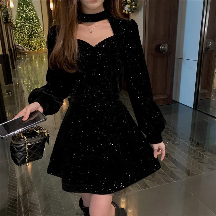 Red Velvet Elegant Party Women's Mini Dresses Christmas Wram French Vintage Dress Ladies Casual Korean Vestidos 2023 New Year