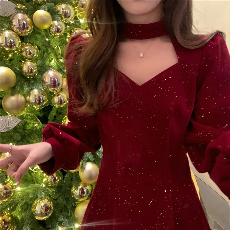 Red Velvet Elegant Party Women's Mini Dresses Christmas Wram French Vintage Dress Ladies Casual Korean Vestidos 2023 New Year
