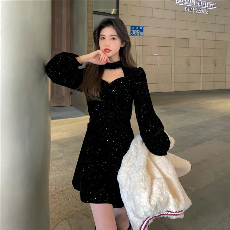 Red Velvet Elegant Party Women's Mini Dresses Christmas Wram French Vintage Dress Ladies Casual Korean Vestidos 2023 New Year