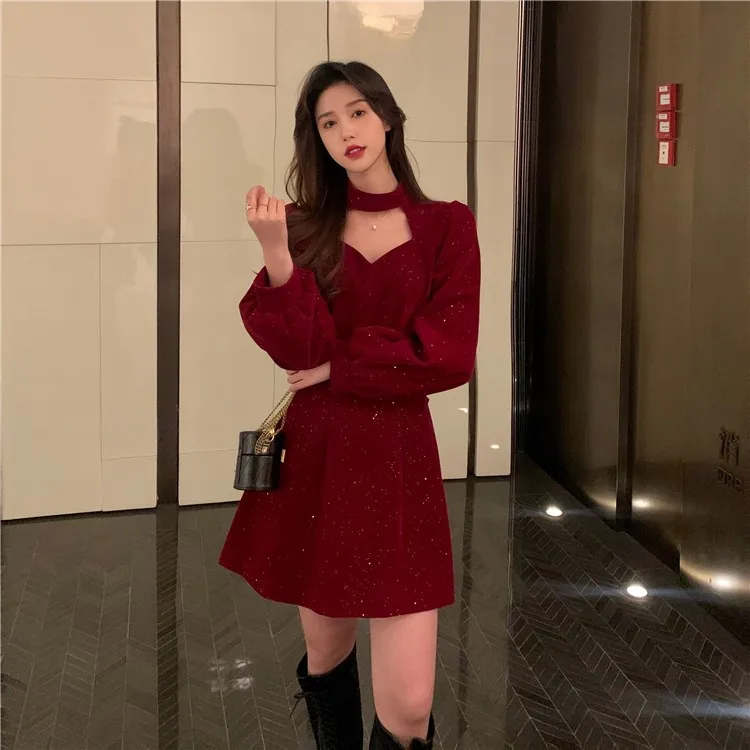 Red Velvet Elegant Party Women's Mini Dresses Christmas Wram French Vintage Dress Ladies Casual Korean Vestidos 2023 New Year