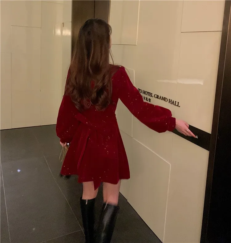 Red Velvet Elegant Party Women's Mini Dresses Christmas Wram French Vintage Dress Ladies Casual Korean Vestidos 2023 New Year
