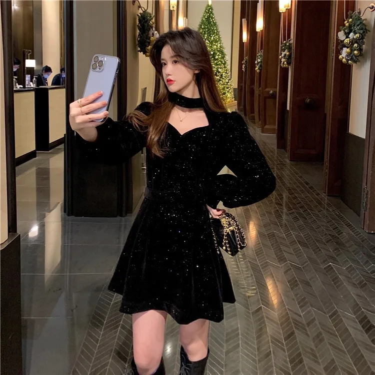 Red Velvet Elegant Party Women's Mini Dresses Christmas Wram French Vintage Dress Ladies Casual Korean Vestidos 2023 New Year