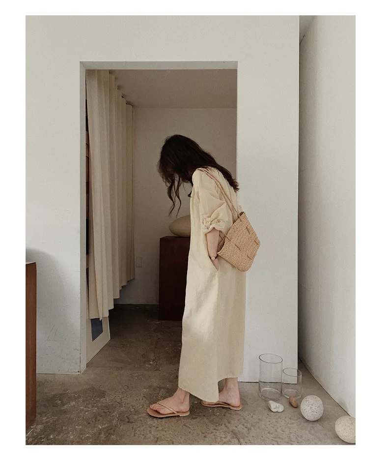 Vintage 100% Cotton Women Dress V Neck Long Sleeve Korean Jananse Pajama Dresses Ladies Comfortable Homewear Wearable Outside