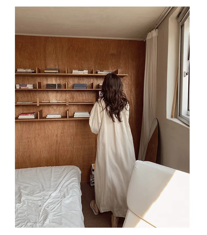 Vintage 100% Cotton Women Dress V Neck Long Sleeve Korean Jananse Pajama Dresses Ladies Comfortable Homewear Wearable Outside