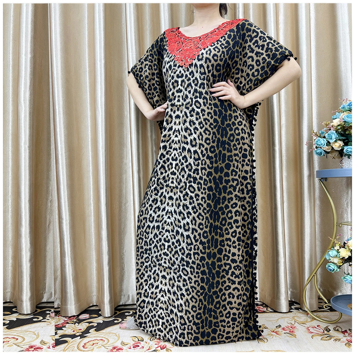 New Arrival Fashion African Women Loose Dress Muslim Large Casual Dress Elastic Fabric Stitching Pearl Diamond Decorative Style
