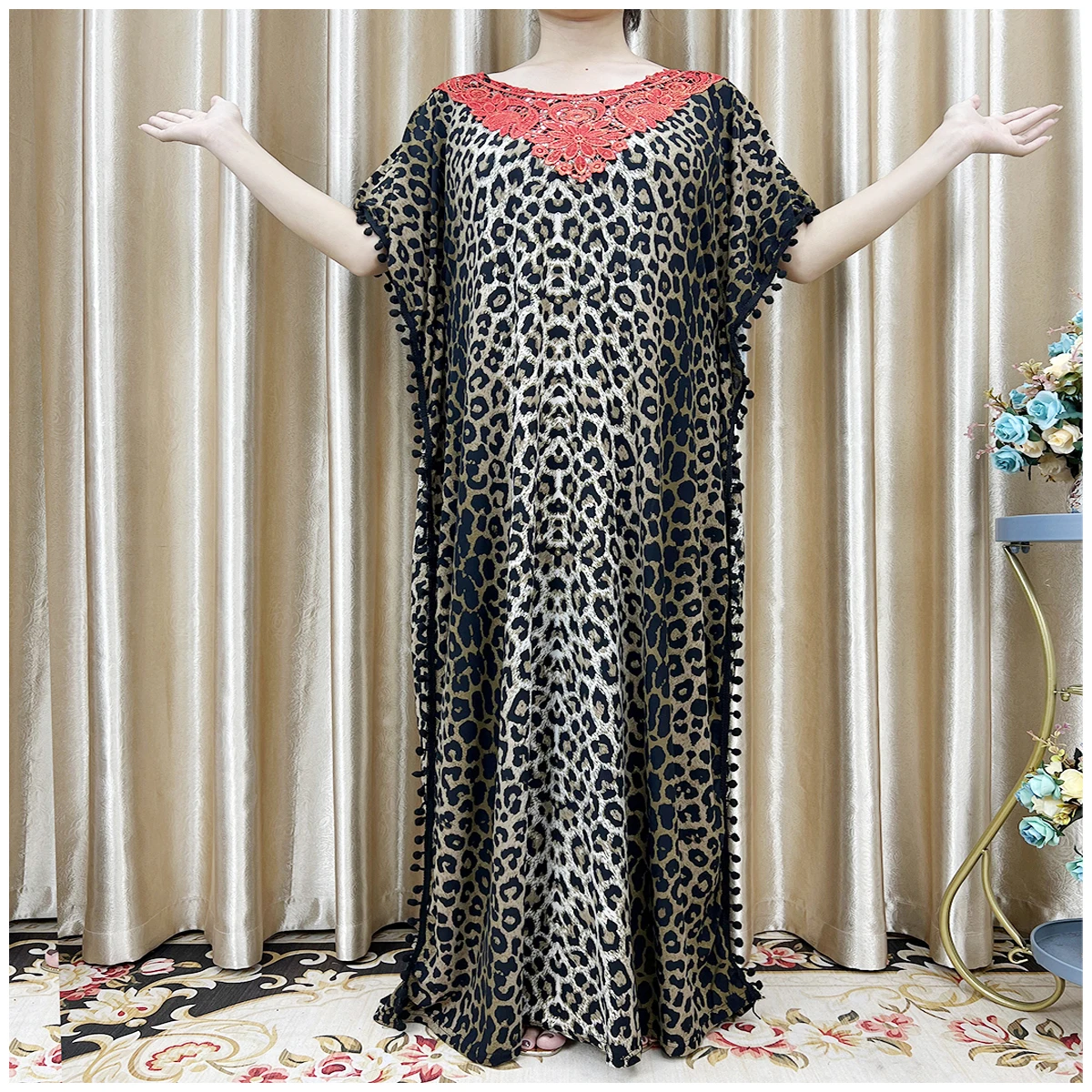 New Arrival Fashion African Women Loose Dress Muslim Large Casual Dress Elastic Fabric Stitching Pearl Diamond Decorative Style