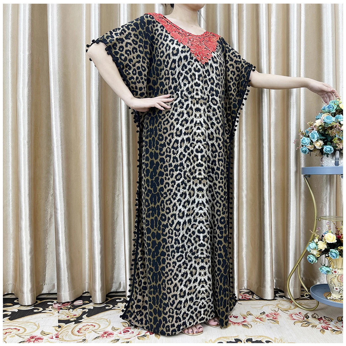 New Arrival Fashion African Women Loose Dress Muslim Large Casual Dress Elastic Fabric Stitching Pearl Diamond Decorative Style