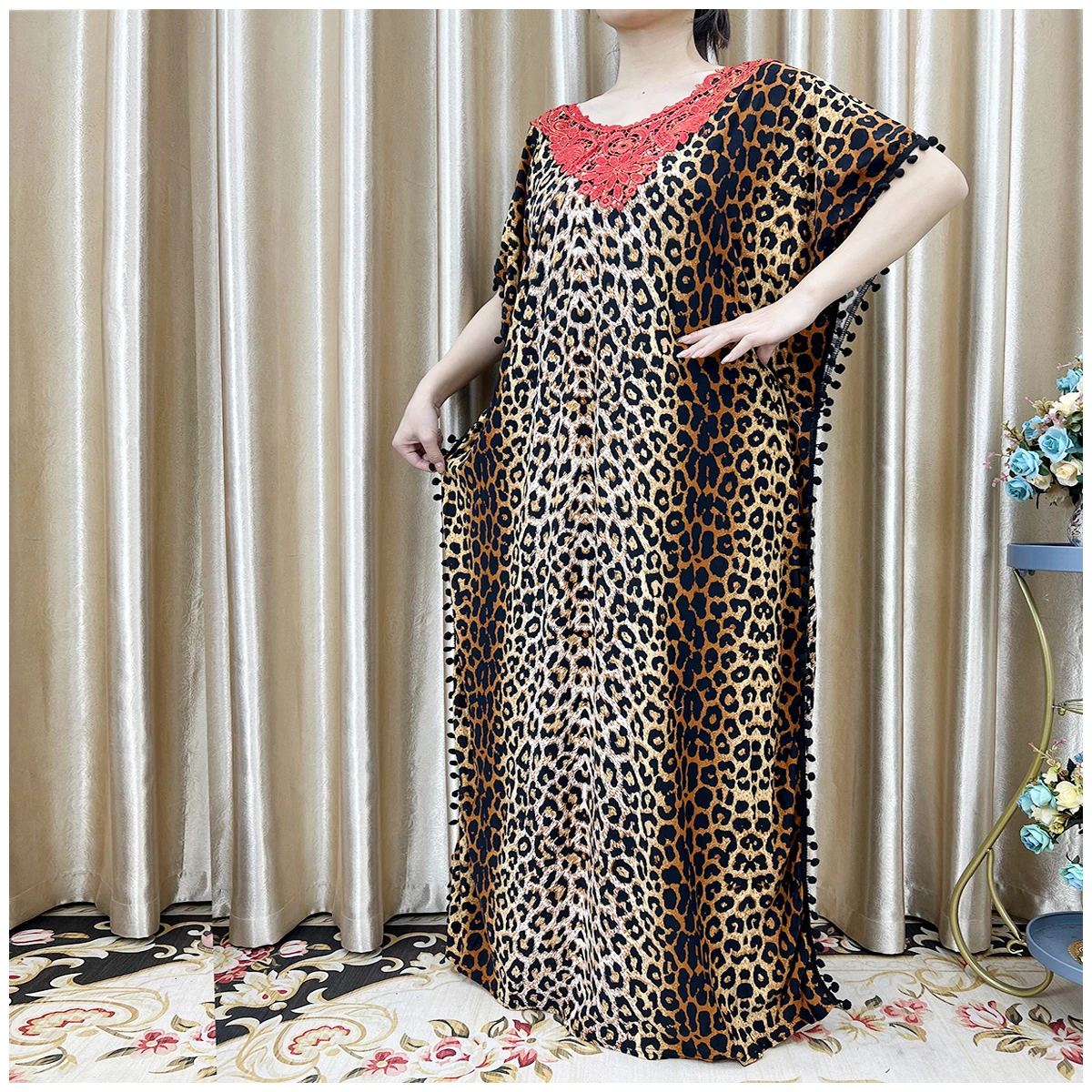 New Arrival Fashion African Women Loose Dress Muslim Large Casual Dress Elastic Fabric Stitching Pearl Diamond Decorative Style