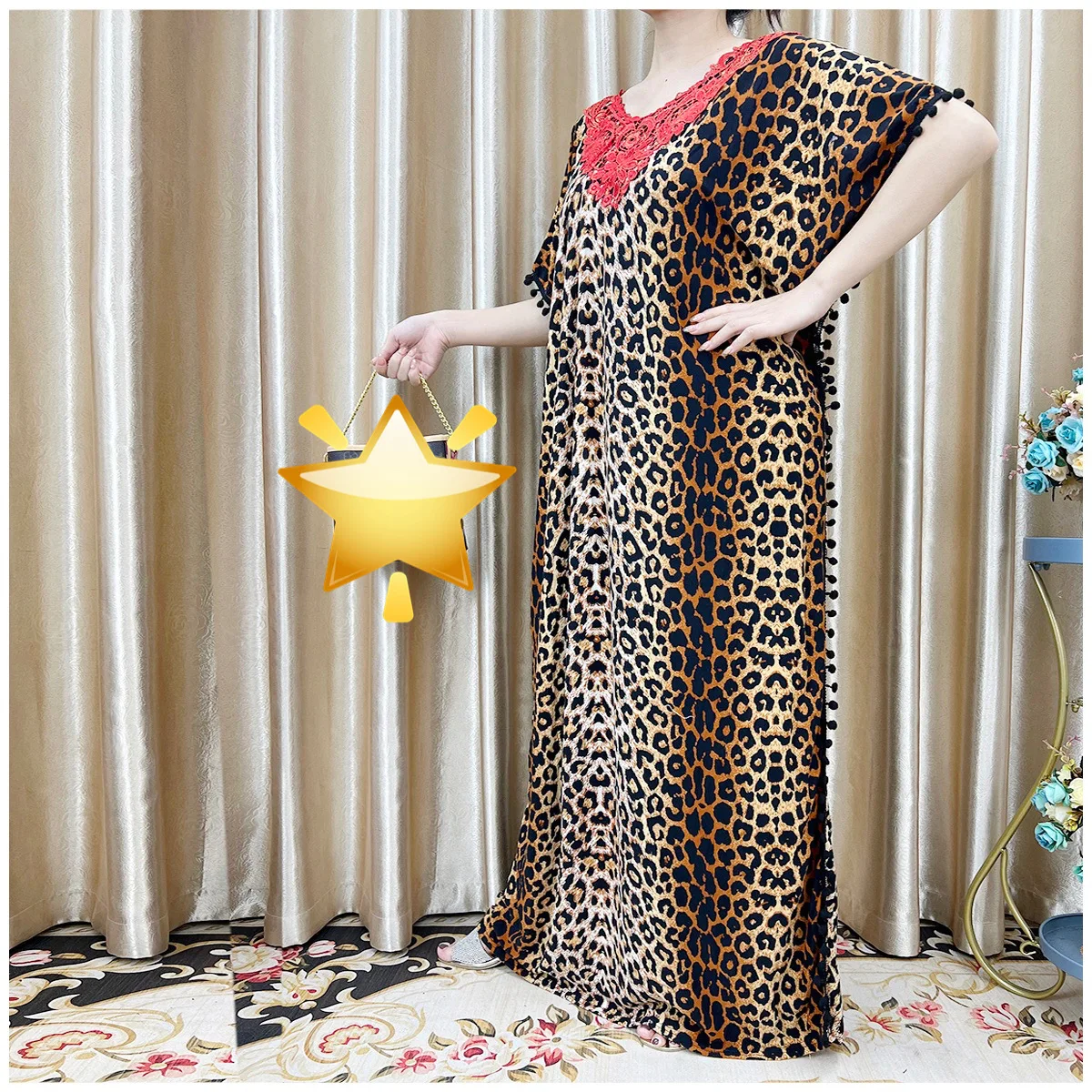 New Arrival Fashion African Women Loose Dress Muslim Large Casual Dress Elastic Fabric Stitching Pearl Diamond Decorative Style