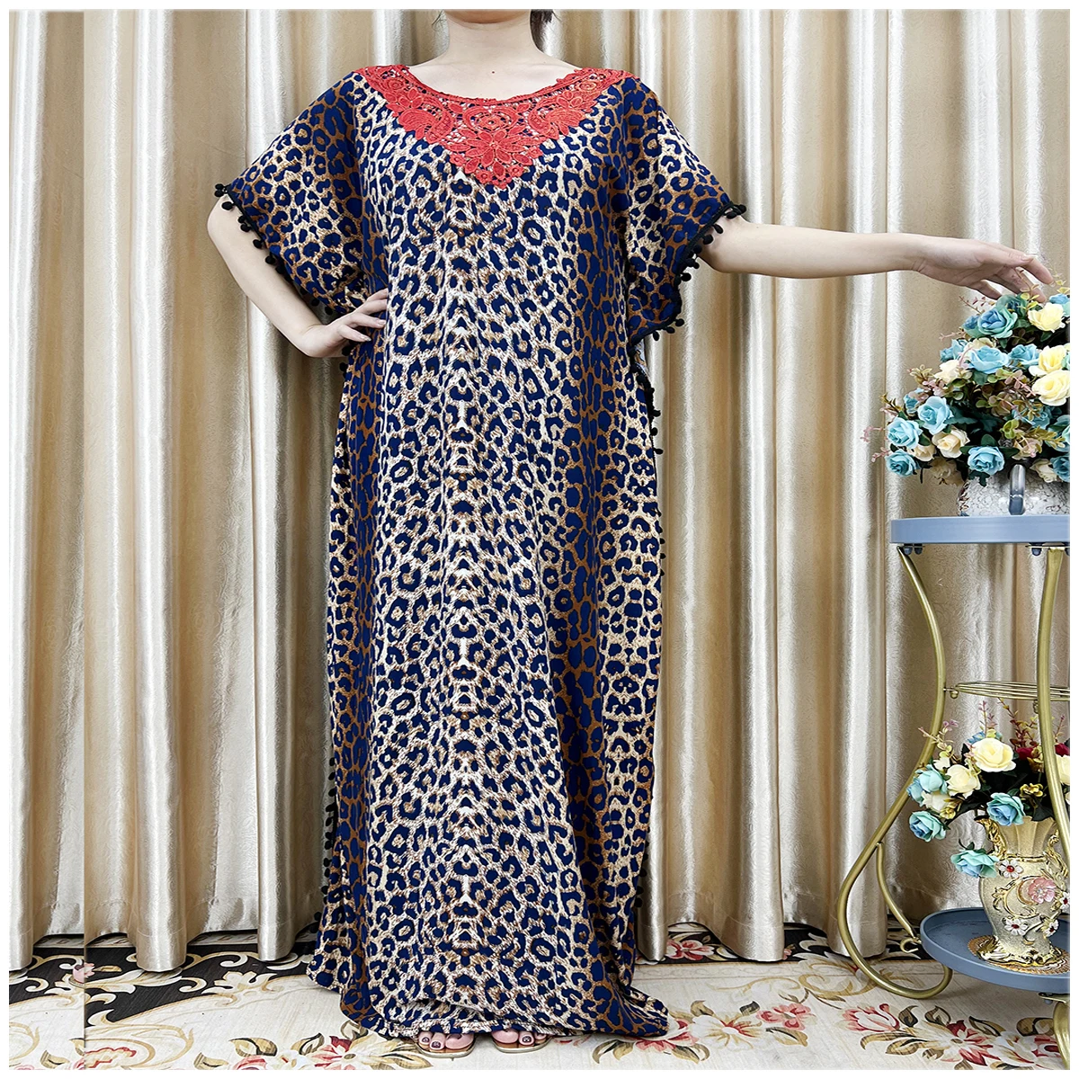 New Arrival Fashion African Women Loose Dress Muslim Large Casual Dress Elastic Fabric Stitching Pearl Diamond Decorative Style