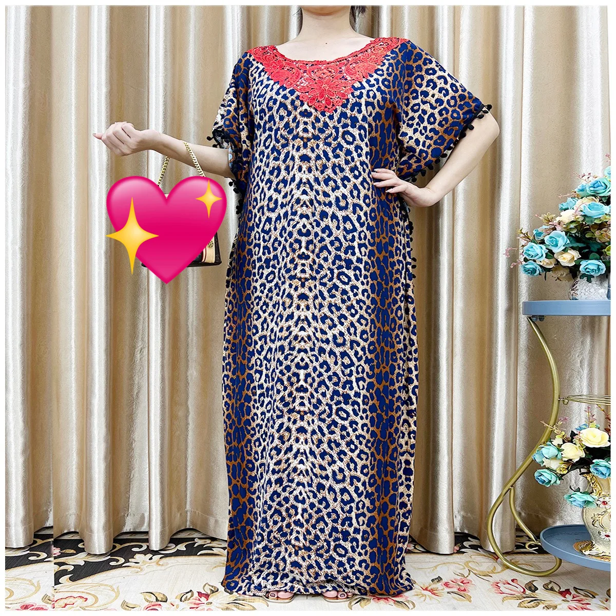 New Arrival Fashion African Women Loose Dress Muslim Large Casual Dress Elastic Fabric Stitching Pearl Diamond Decorative Style