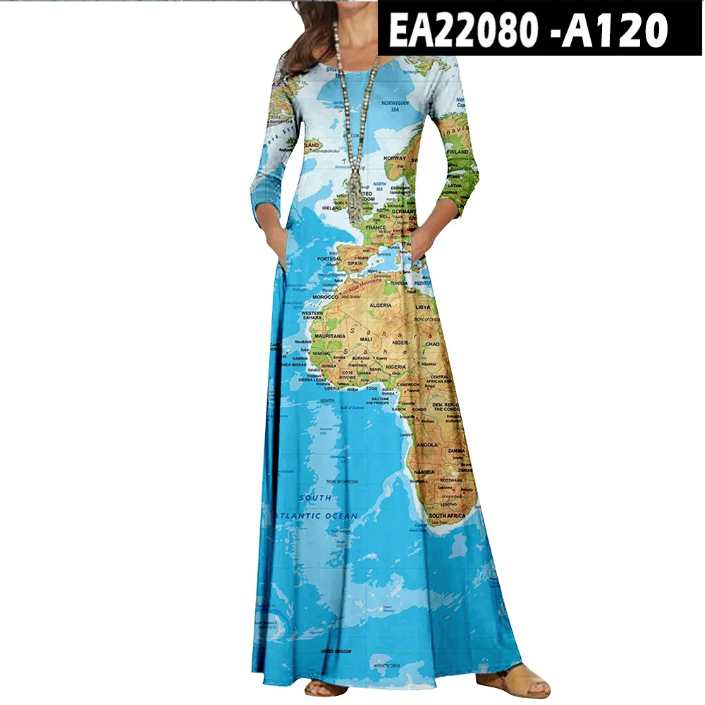 Casual O-Neck Loose Women Long Dress Spring Vintage Long Sleeve Cross-Border New World Map Pattern Dresses Elegant Maxi Vestidos