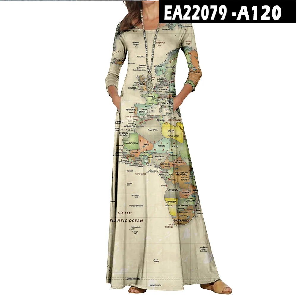 Casual O-Neck Loose Women Long Dress Spring Vintage Long Sleeve Cross-Border New World Map Pattern Dresses Elegant Maxi Vestidos