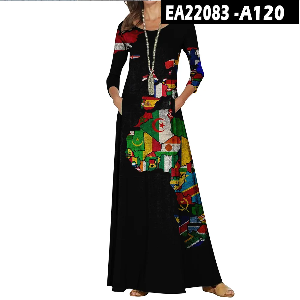 Casual O-Neck Loose Women Long Dress Spring Vintage Long Sleeve Cross-Border New World Map Pattern Dresses Elegant Maxi Vestidos