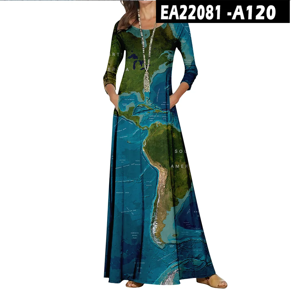 Casual O-Neck Loose Women Long Dress Spring Vintage Long Sleeve Cross-Border New World Map Pattern Dresses Elegant Maxi Vestidos