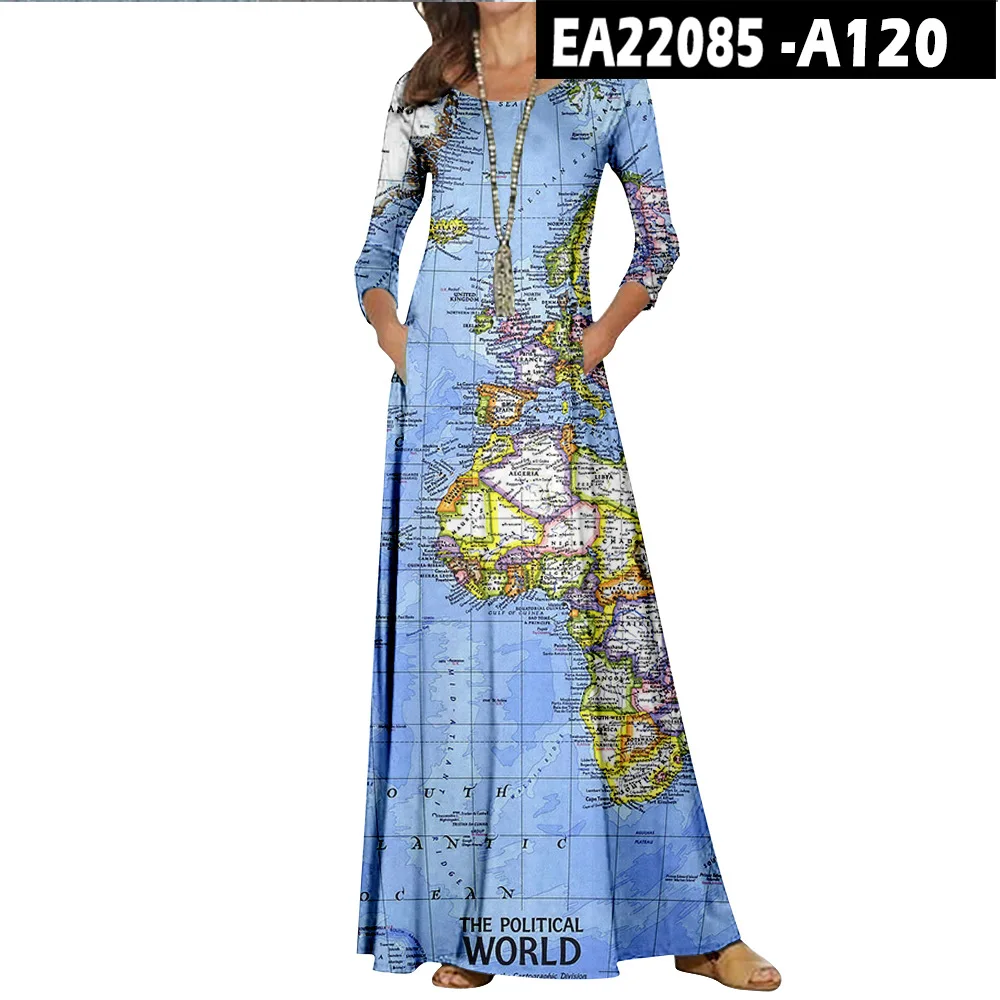 Casual O-Neck Loose Women Long Dress Spring Vintage Long Sleeve Cross-Border New World Map Pattern Dresses Elegant Maxi Vestidos