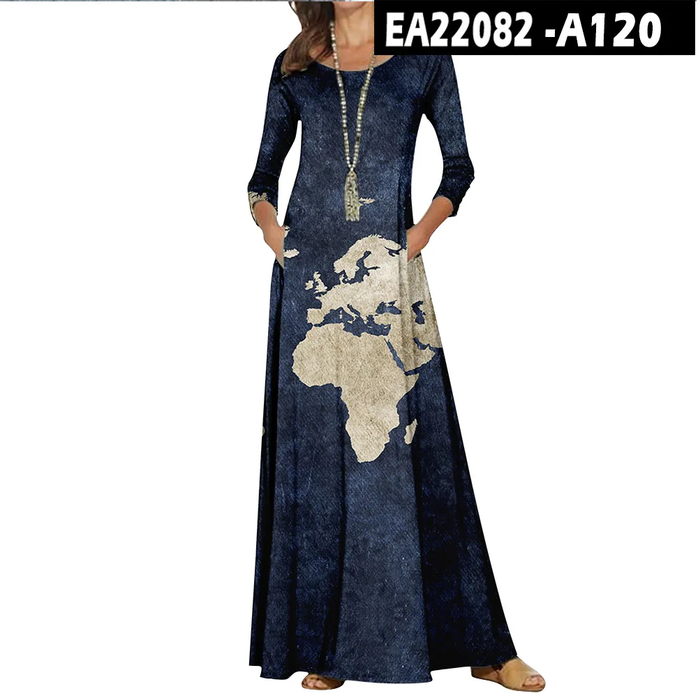 Casual O-Neck Loose Women Long Dress Spring Vintage Long Sleeve Cross-Border New World Map Pattern Dresses Elegant Maxi Vestidos
