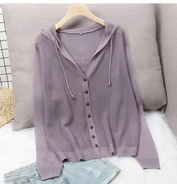 Women's Hoodie Spring Summer Knit Cardigan Coat Women's Hooded Top Sweater Thin Hollow Out Sun Protection Jacket Korean Fashion