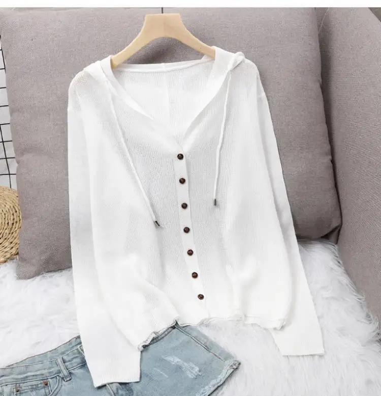 Women's Hoodie Spring Summer Knit Cardigan Coat Women's Hooded Top Sweater Thin Hollow Out Sun Protection Jacket Korean Fashion