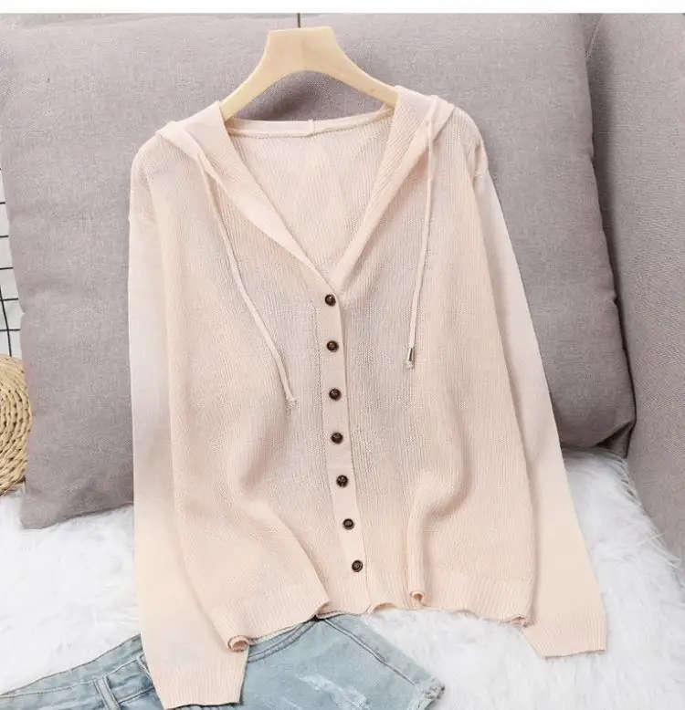 Women's Hoodie Spring Summer Knit Cardigan Coat Women's Hooded Top Sweater Thin Hollow Out Sun Protection Jacket Korean Fashion